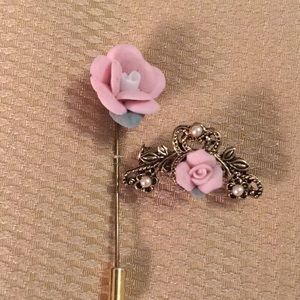 Ceramic pink stick pin and pink and pearl brooch
